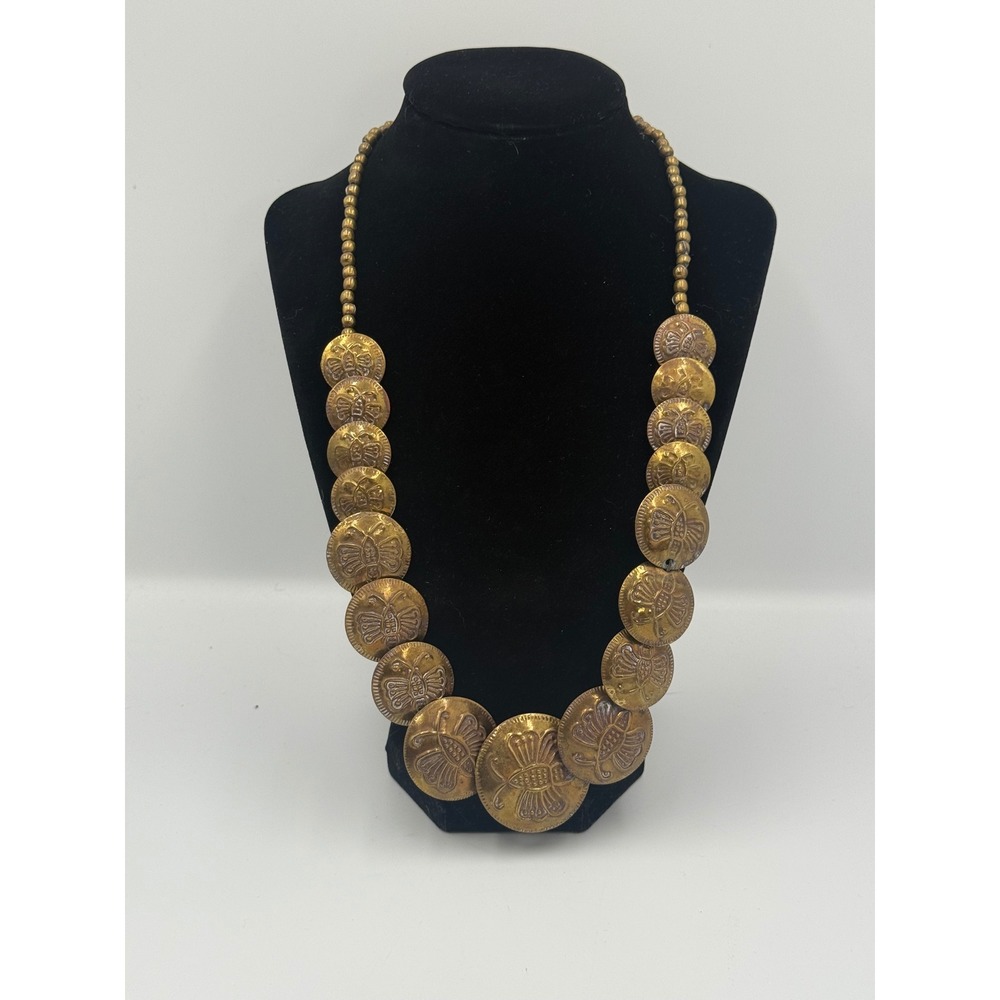 Vintage Brass Butterfly Medallion Statement‎ Necklace Graduated Boho